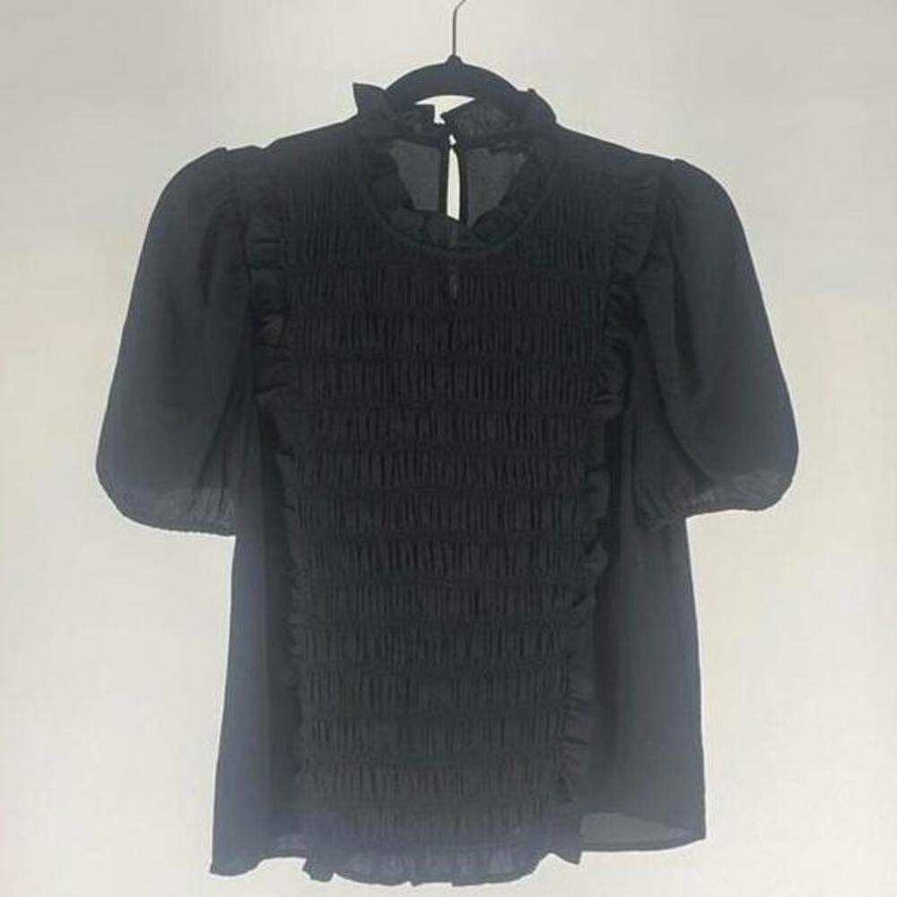 Ann Taylor Chic Black Ruffled Smocked Blouse